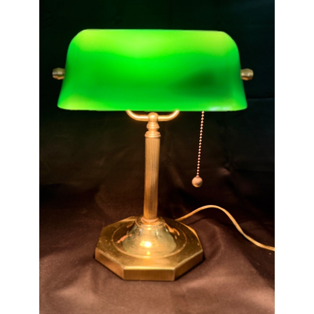 Vtg Bankers Lamp Emeralite Green Glass Shade Brass Octagonal Base Desk Light